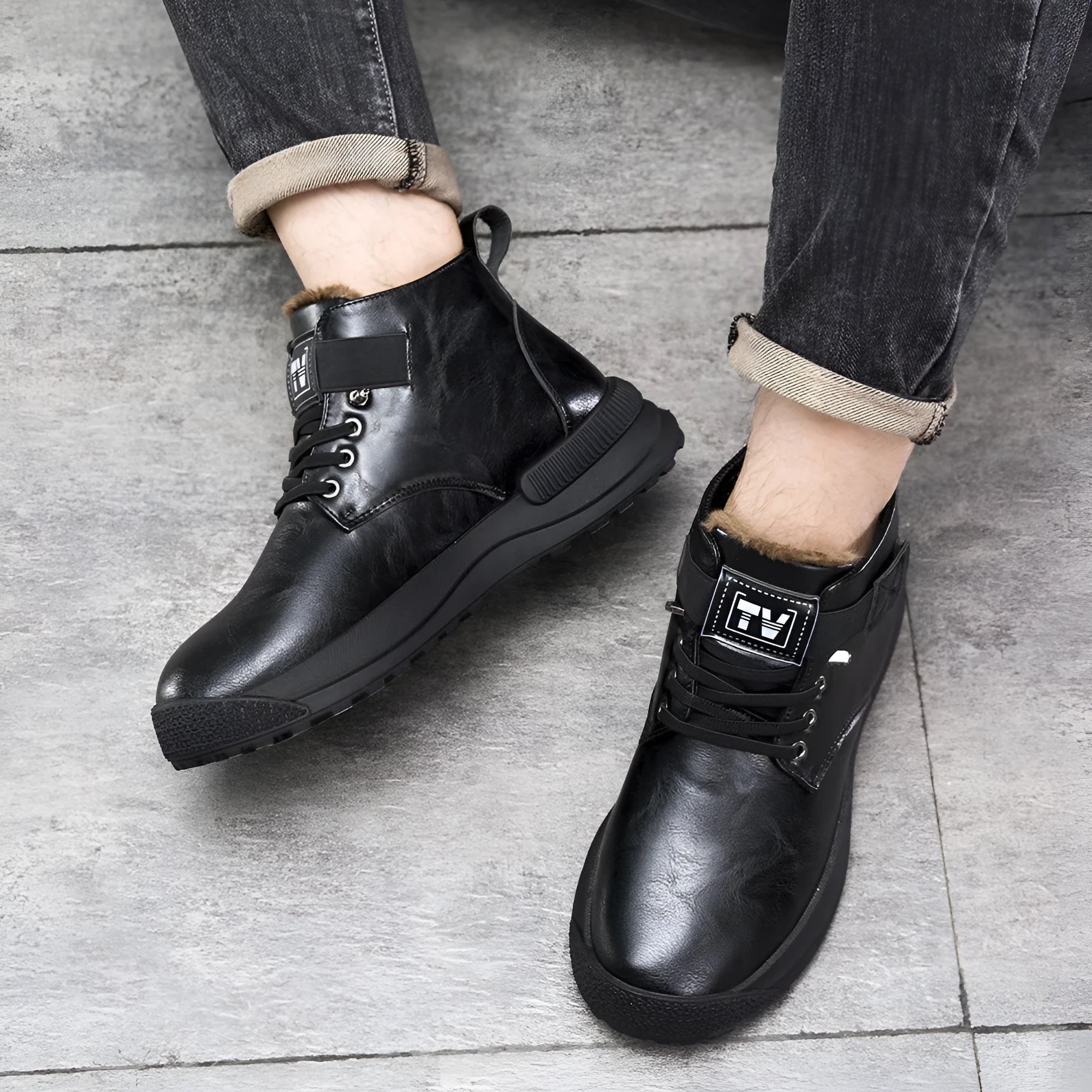 Black Martin boots with high-top platform design and velvet artificial PU upper