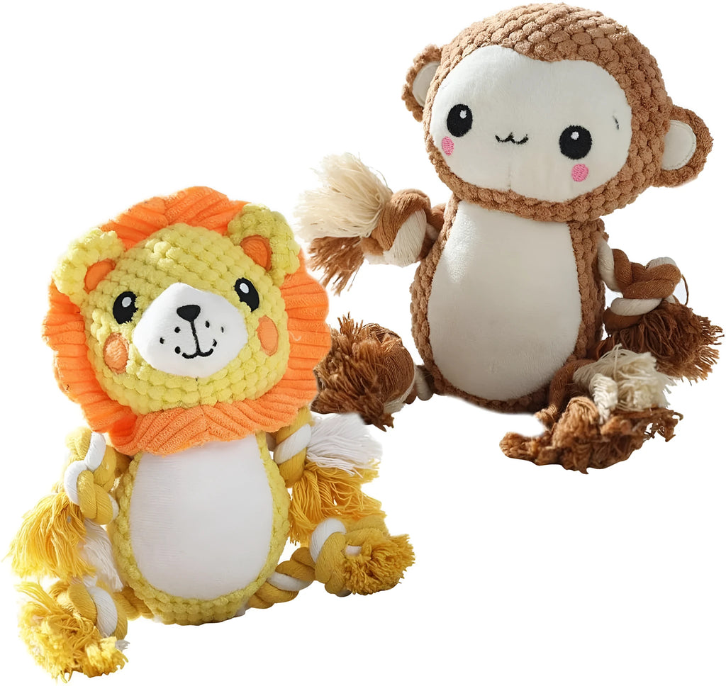 Lion and monkey plush squeaky dog toys bundle for medium and large breed dogs