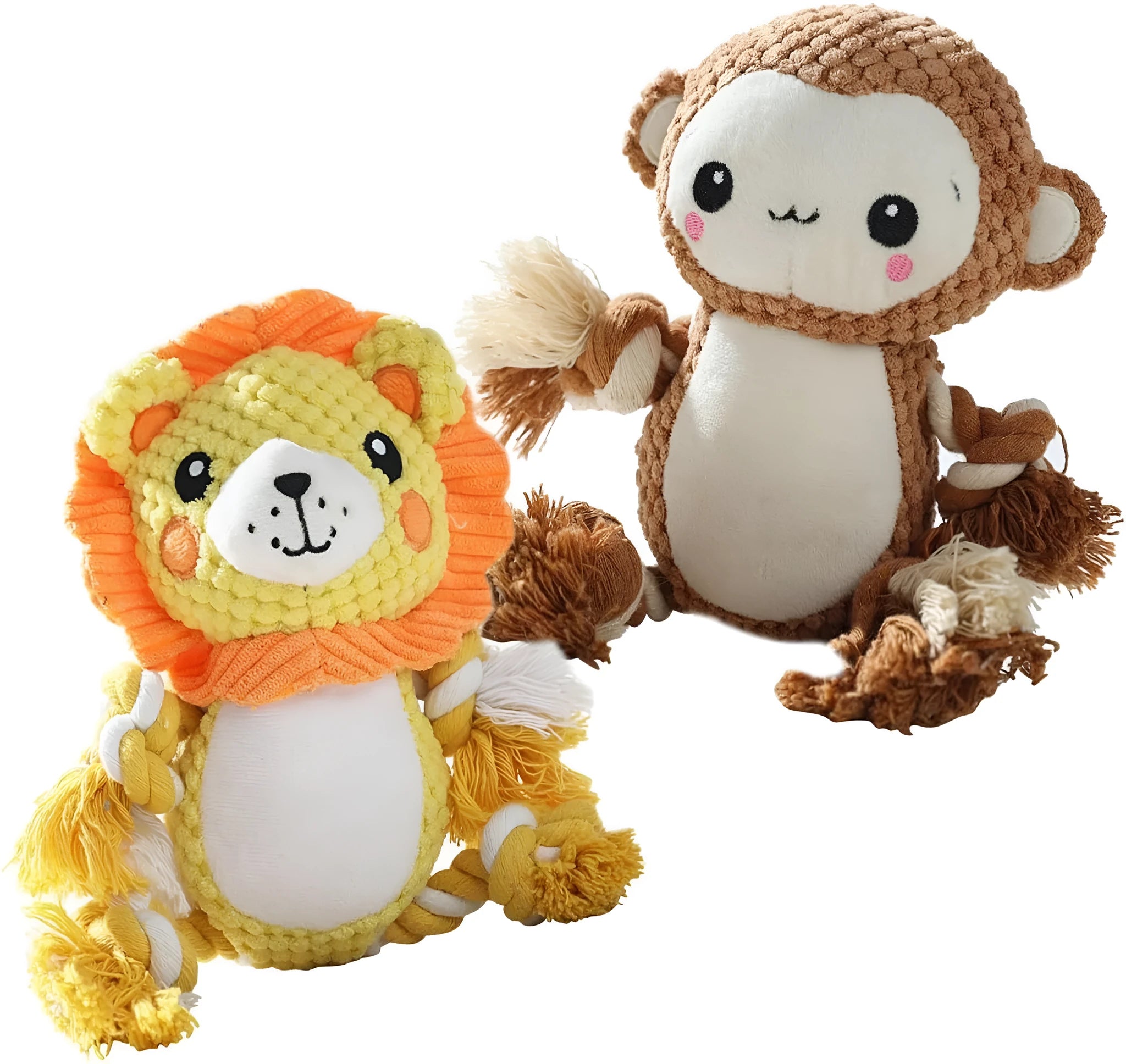 Lion and monkey plush squeaky dog toys bundle for medium and large breed dogs