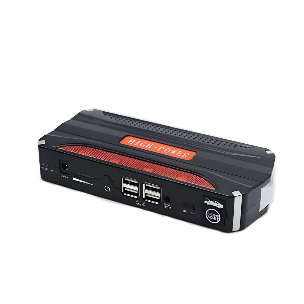 Black red vehicle emergency starting power supply measuring 178x80x30mm with 7800mAh capacity