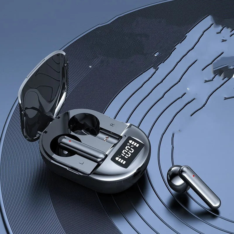 Black and white wireless Bluetooth in-ear headphones with a digital display charging case.