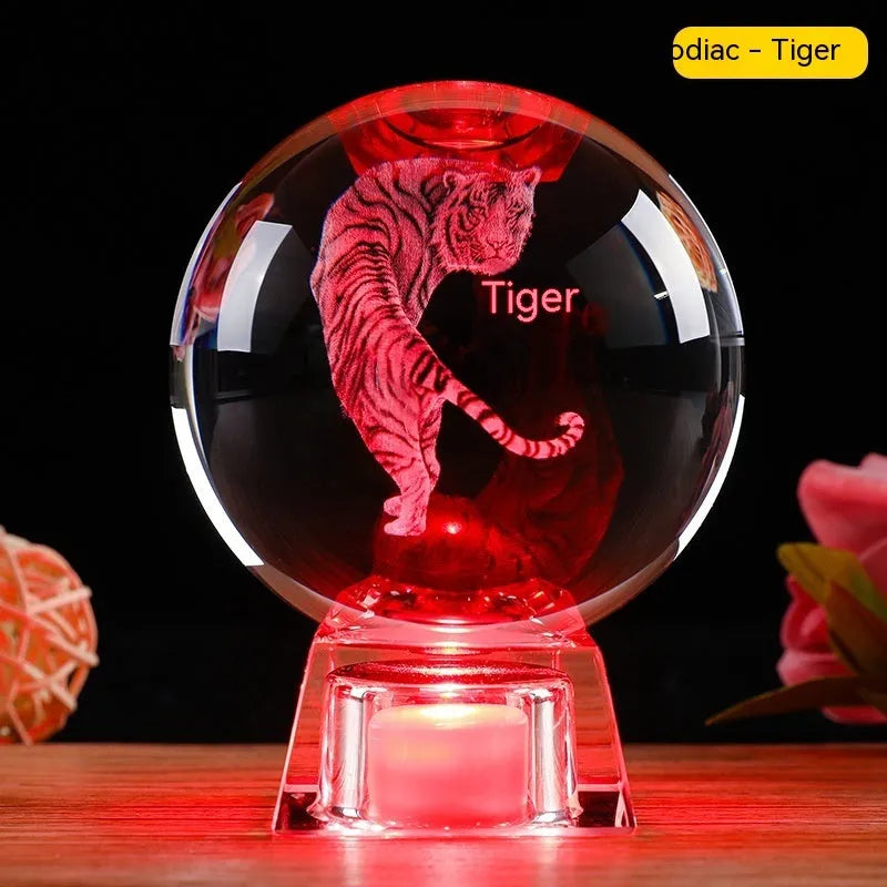 Chinese zodiac crystal ball lamp with electronic charging base showing animal design