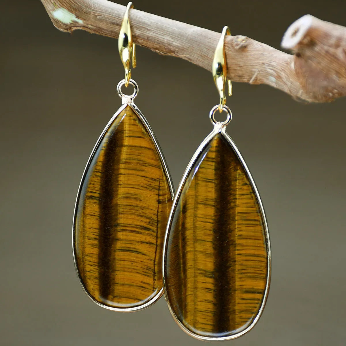 Vintage handmade stone drop earrings in tigereye colour with textured surface