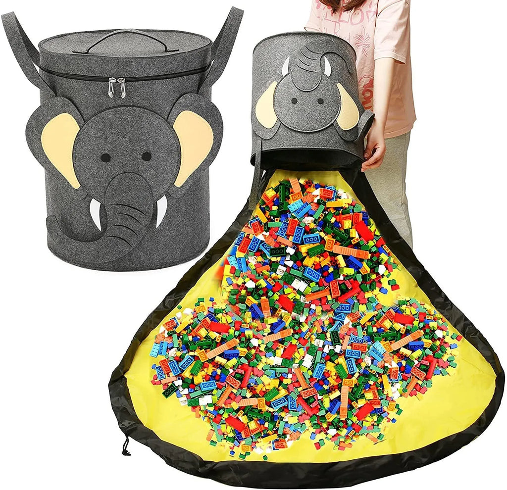 Green felt cube storage bag with pull rope, shown as a toy organiser and play mat.