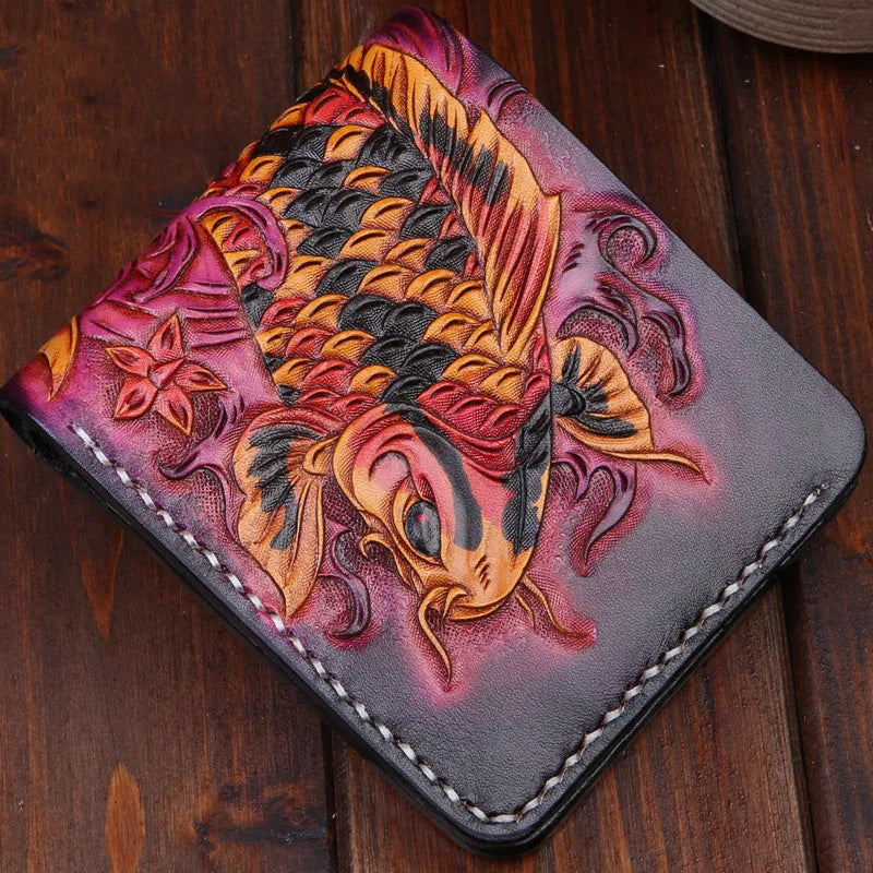 Men's carved cow leather short wallet in red, shown open, with dimensions 10cm by 12cm.