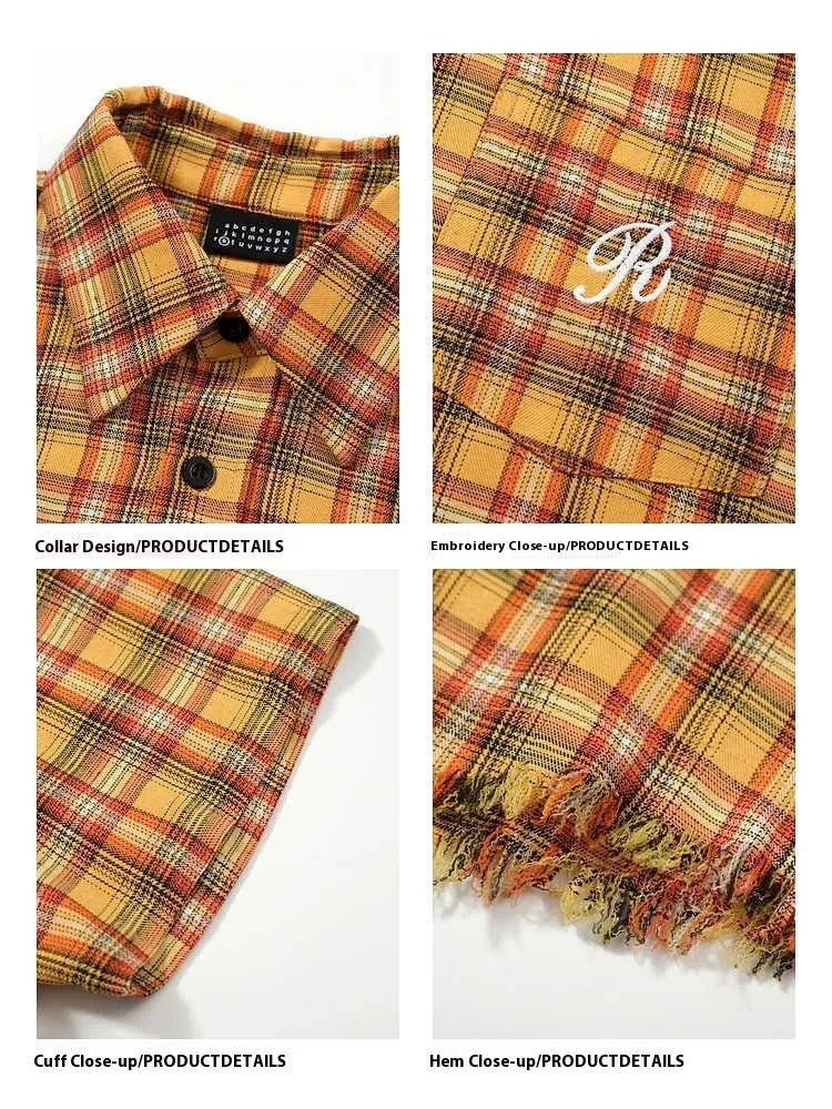 Yellow plaid short sleeve shirt with embroidery pocket detail