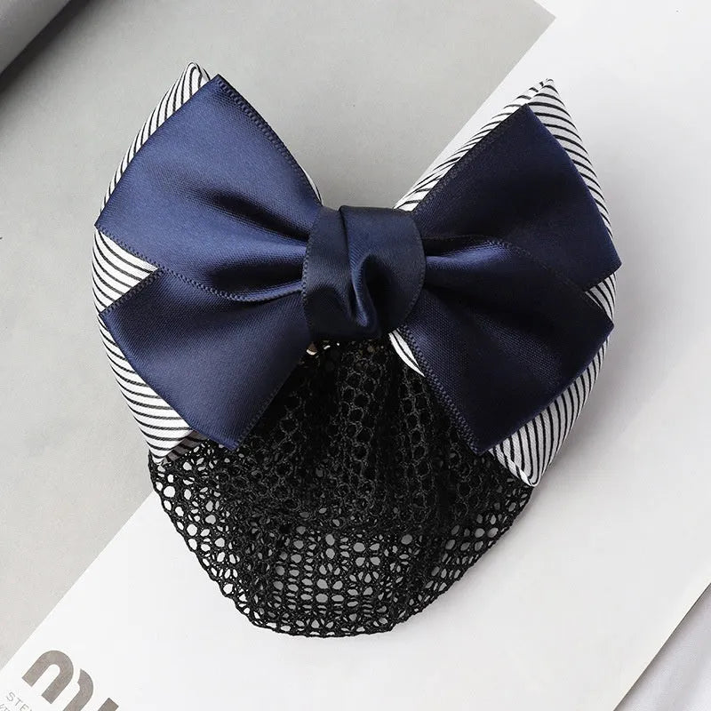 Professional waitress hair net with double bow clip in various colours including black, red, and blue mesh
