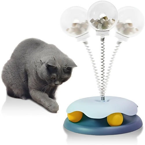 Blue cat treat dispenser toy with track ball showing slow feeder function and rounded edges