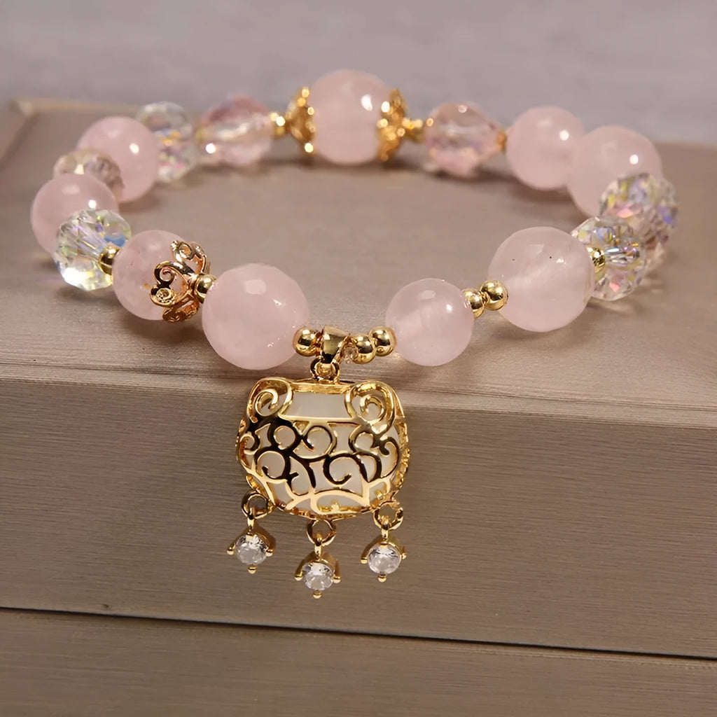 Khaki yellow agate and crystal women's bracelet on gold silk string.