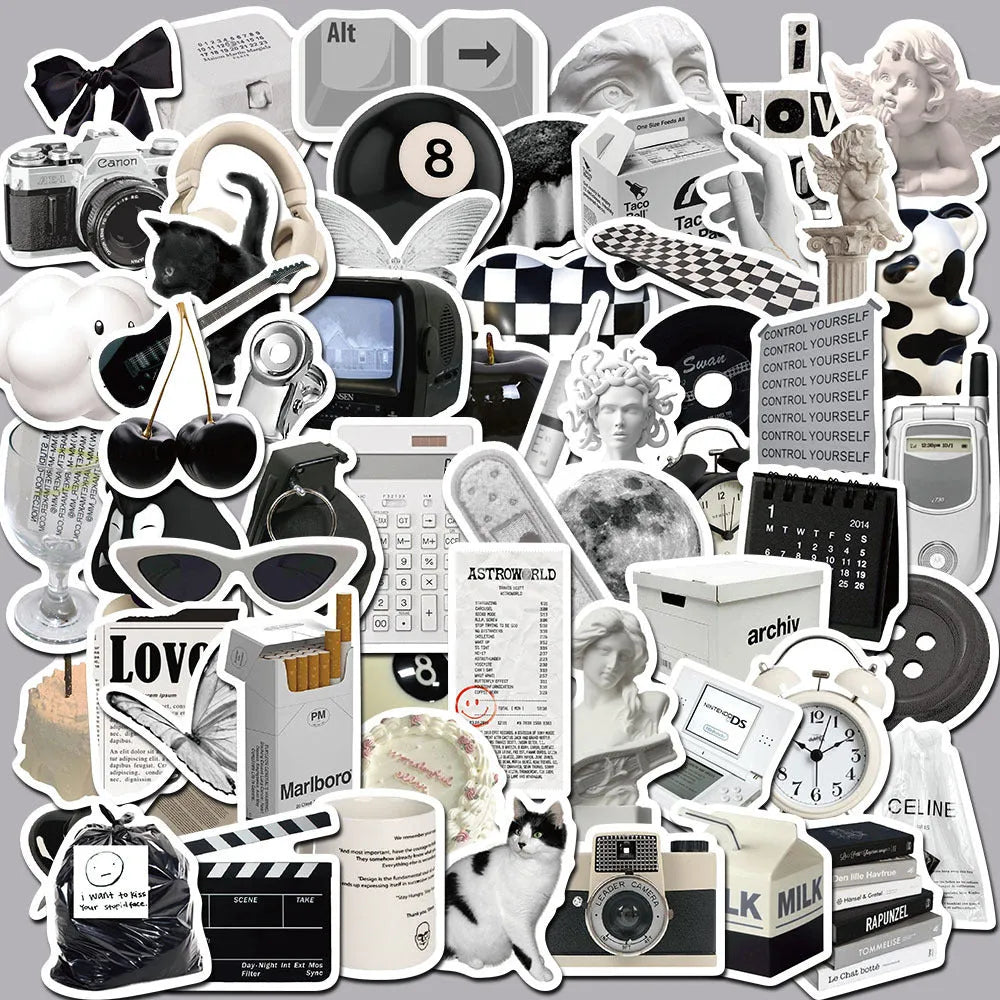 Set of 61 black and white simple style PVC waterproof vinyl stickers for laptops, cups, phones and guitars.