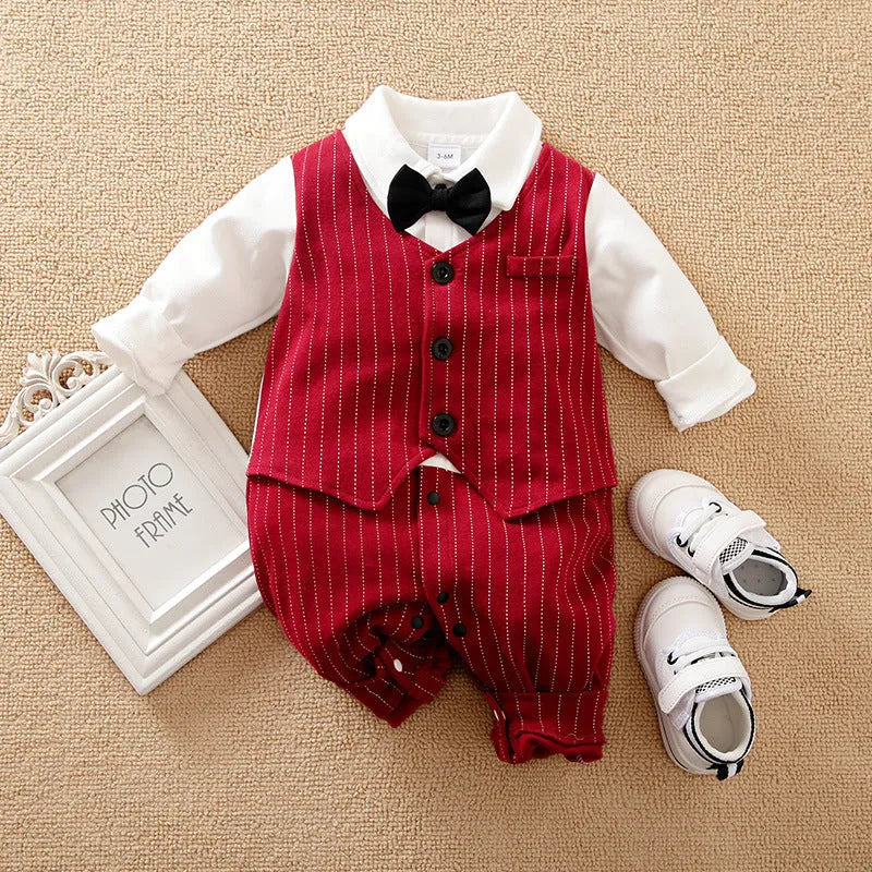Wine red cotton baby boy romper with long sleeves and single-breasted closure in gentleman style