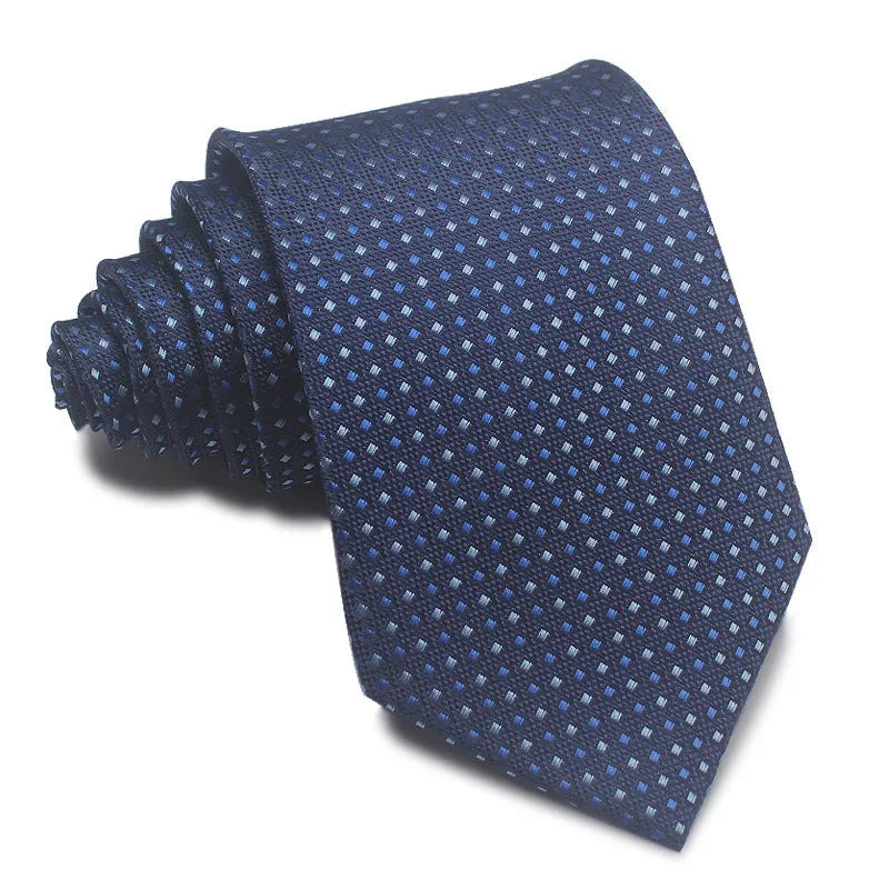 Men's 8cm polyester jacquard striped business tie in red black and blue formal arrow type