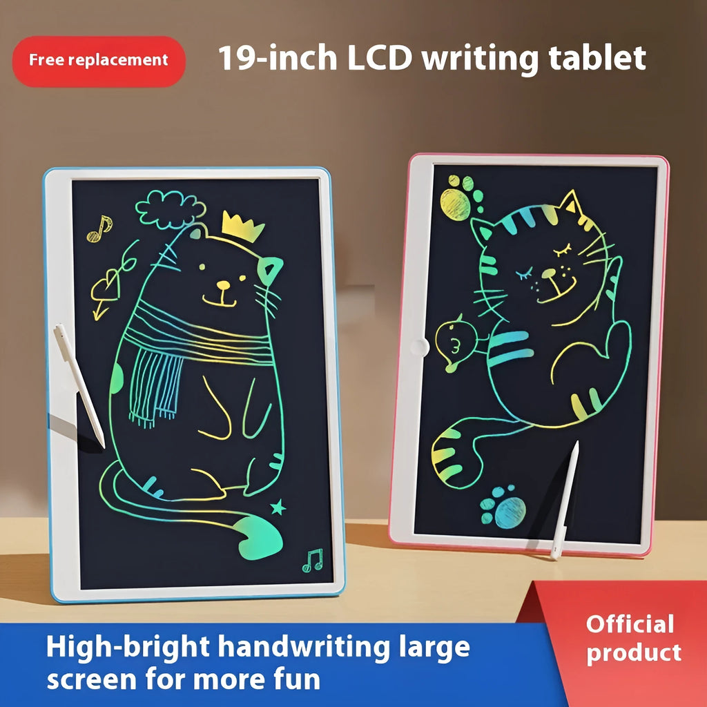 19-inch LCD children's drawing board in blue and white or pink and white colours, showing a colourful doodle on screen.