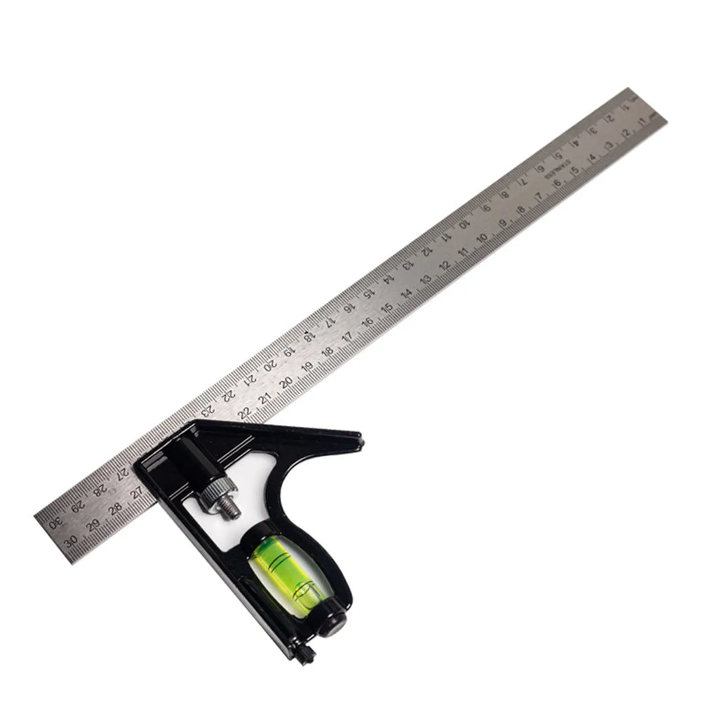 Red 7-inch metal combination angle ruler and a separate metric base ruler in a transparent bag.