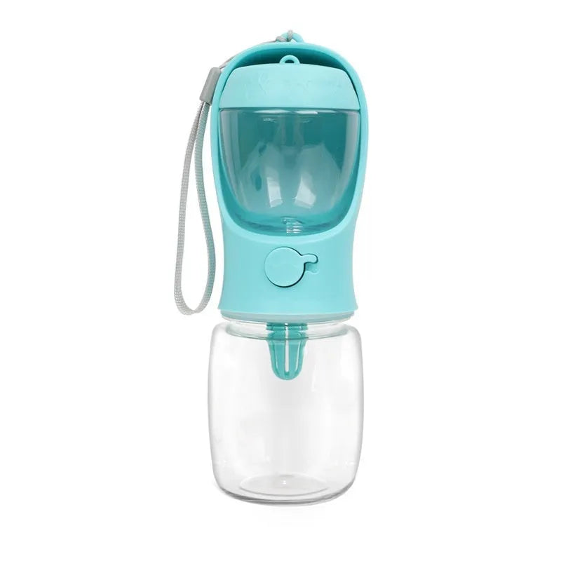 Blue portable plastic dog water bottle with flip-out drinking bowl for walks and travel.
