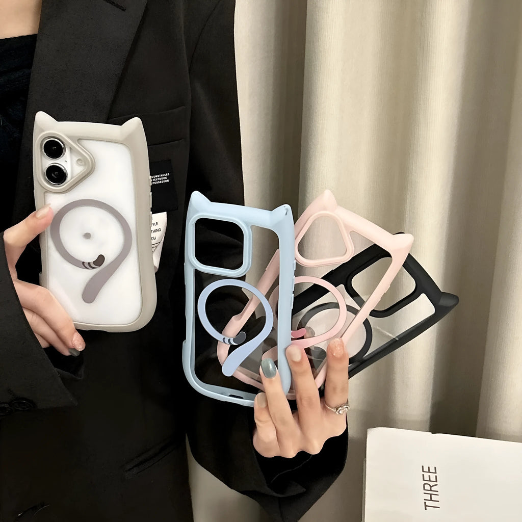 Transparent acrylic TPU phone case with magnetic ring for iPhone 17 in black, blue, grey, and pink colours.