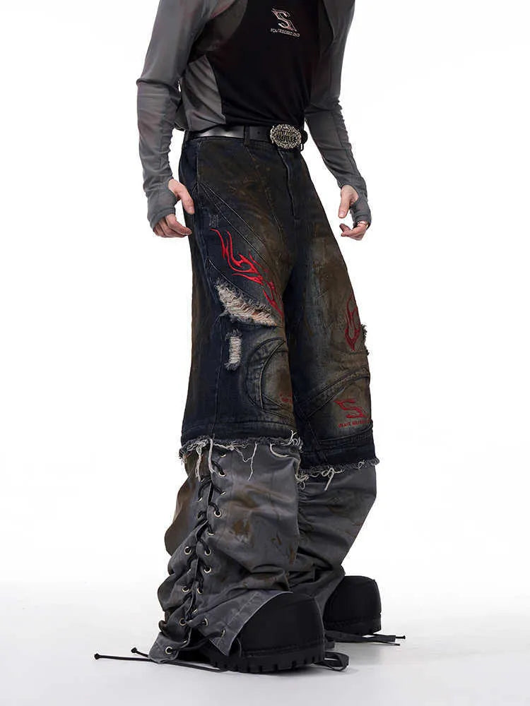Men's retro jeans with detachable legs showing mid-high waist and loose fit wide-leg design