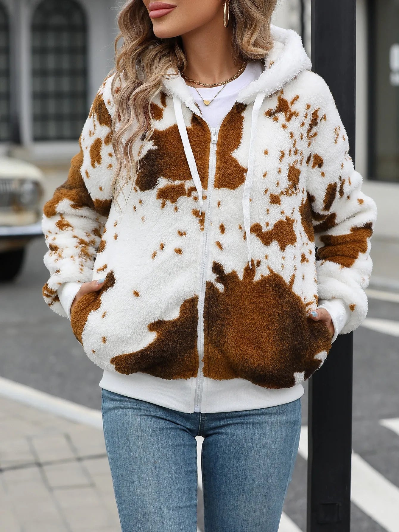 Yellow brown cow animal print hooded plush cardigan jacket with zip fastening