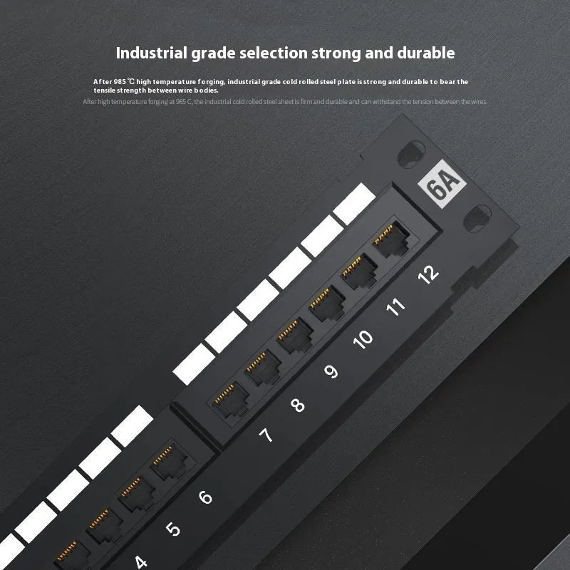 Black 12-port network distribution frame with cold rolled steel construction and included installation accessories
