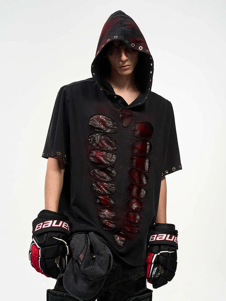 Black men's short sleeve t-shirt with hood and sequin detailing in loose fit style