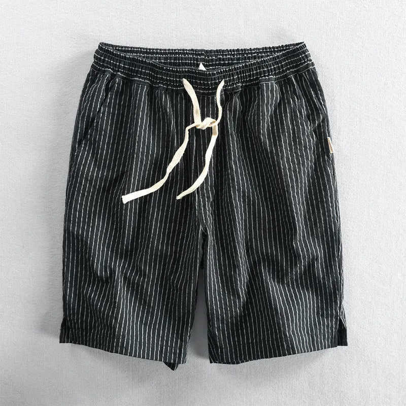 Men's striped cotton casual shorts in light blue with straight leg and mid waist design