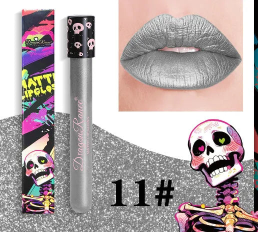 Halloween retro matte lip gloss in test tube skull packaging showing gold silver colours