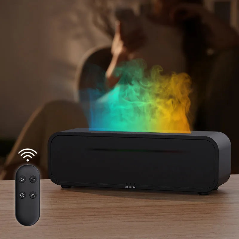 Black and white aroma diffuser with remote control, USB port, flame effect and colour-changing lights