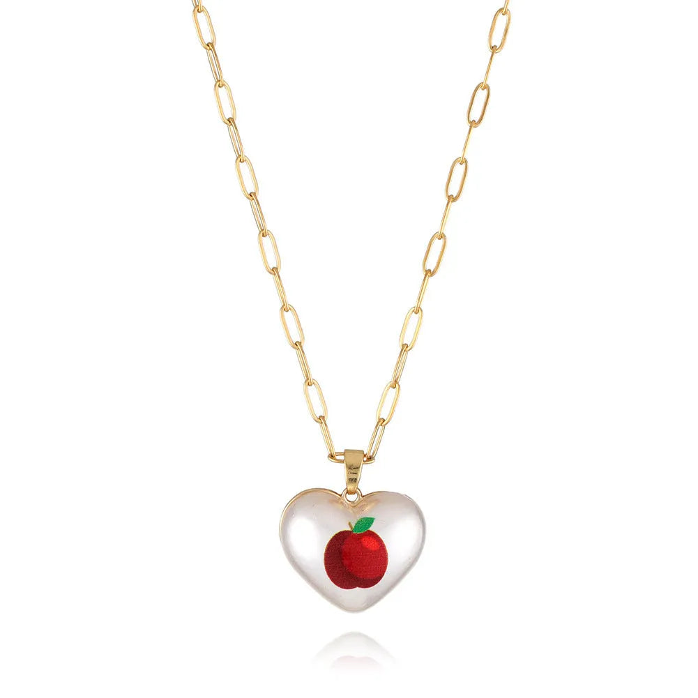 Adjustable girls necklace with a choice of apple, cherry, pear, pineapple, or strawberry heart-shaped pendant.