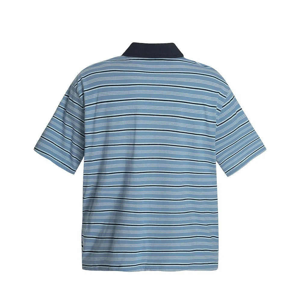 Blue stripe vintage cotton polo shirt with short sleeves and loose fit on hanger