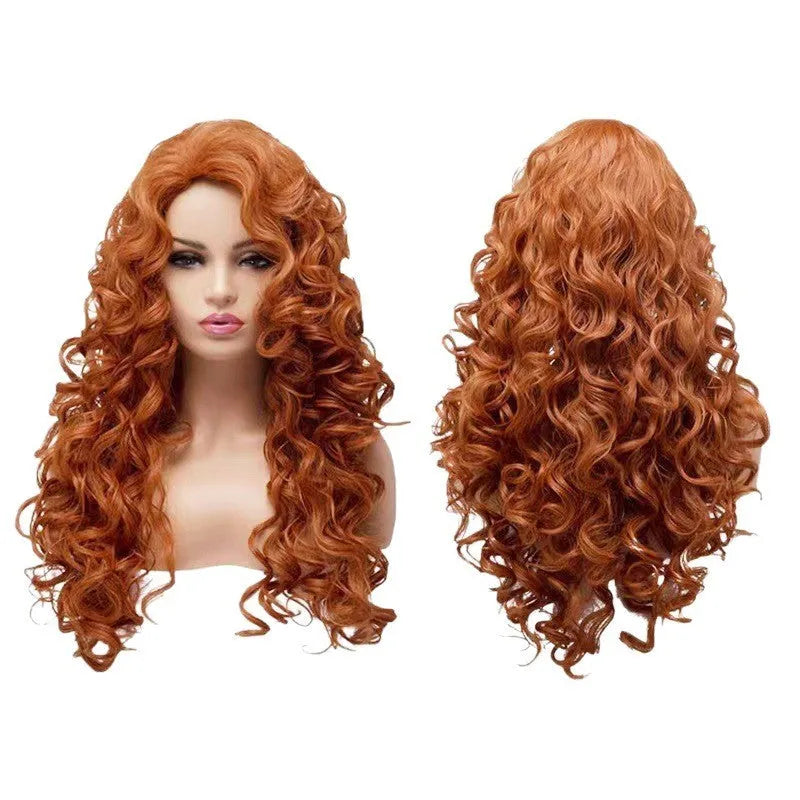 Brown long wavy curly exotic style synthetic wig on wig head