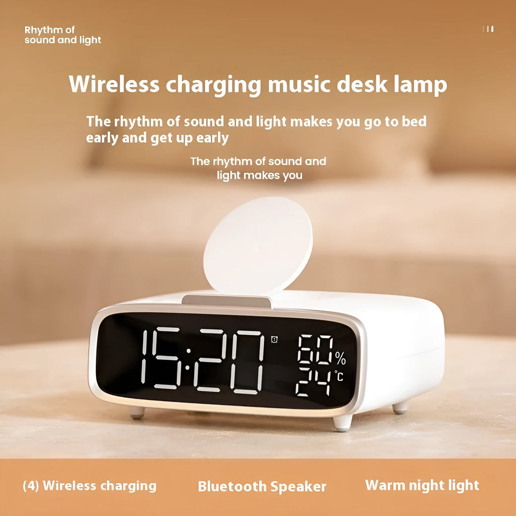White wireless charger Bluetooth speaker alarm clock with LED night light on bedside table