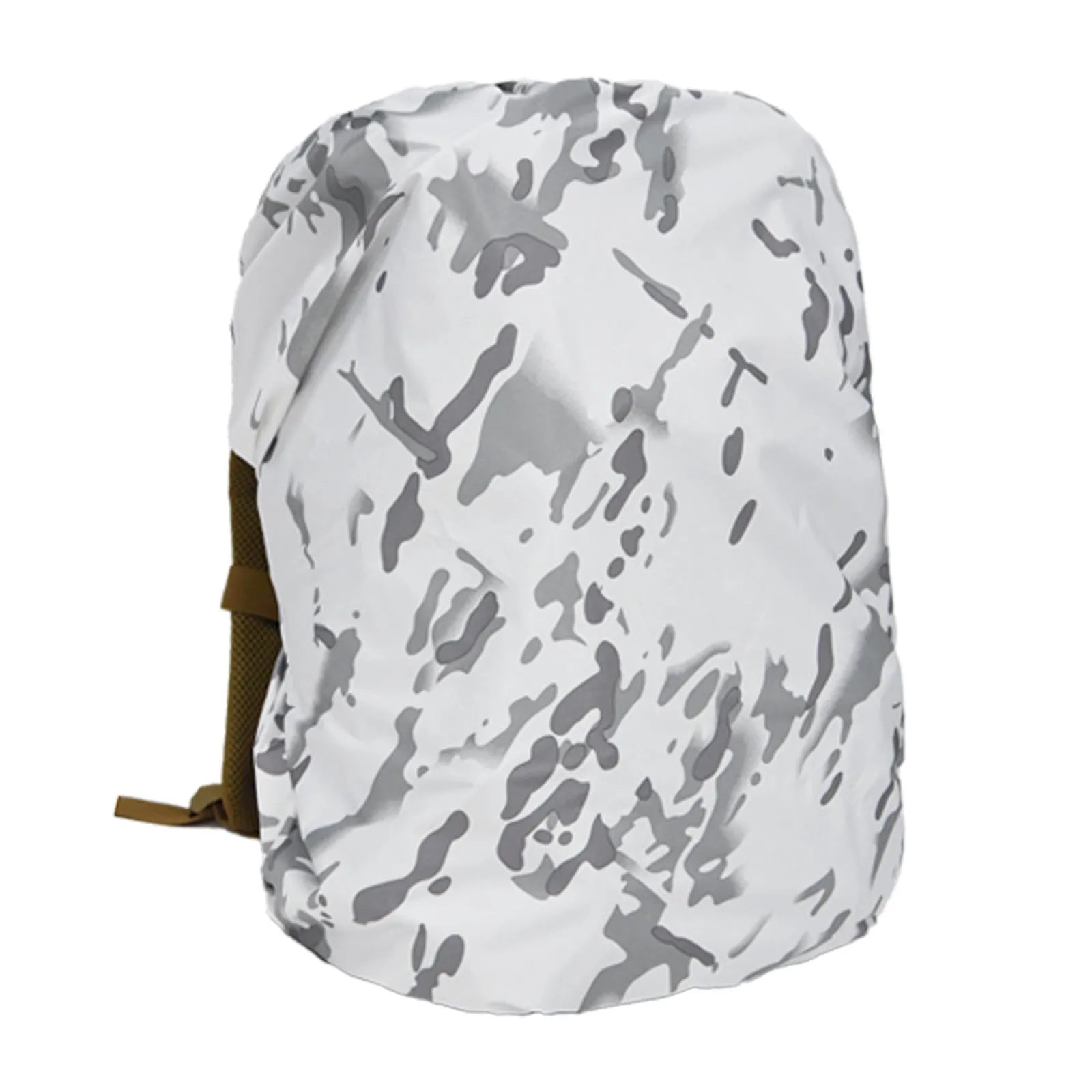 Army green waterproof rain cover fitted over a large 80-litre hiking backpack outdoors.