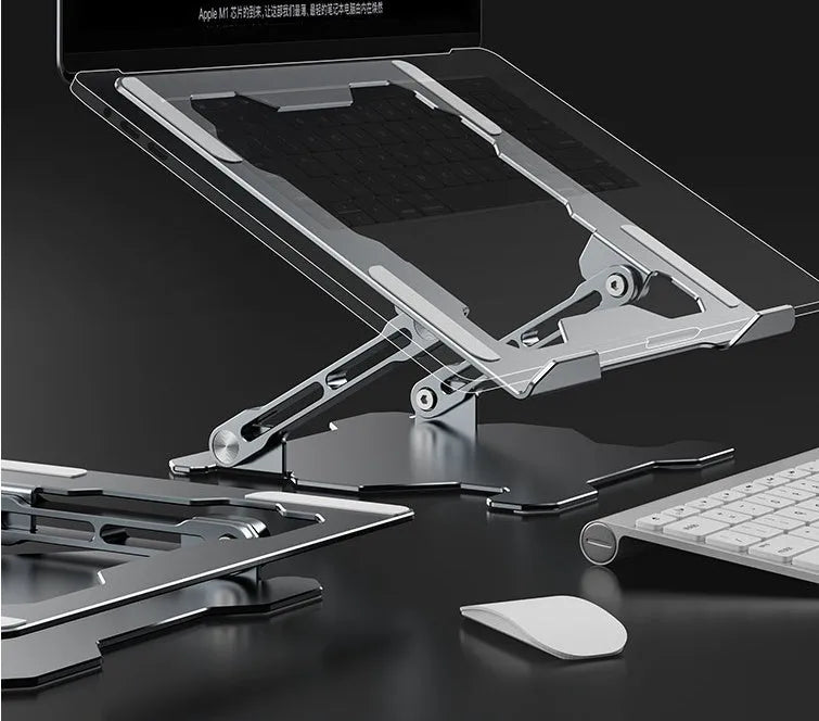 Aluminum adjustable laptop stand in folded and extended positions showing hollow design