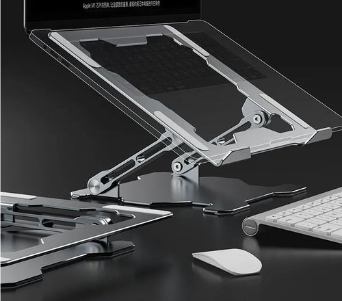 Aluminum adjustable laptop stand in folded and extended positions showing hollow design