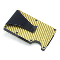 Carbon fibre and aluminium card holder wallet in multiple colours, showing 8 mm thickness.