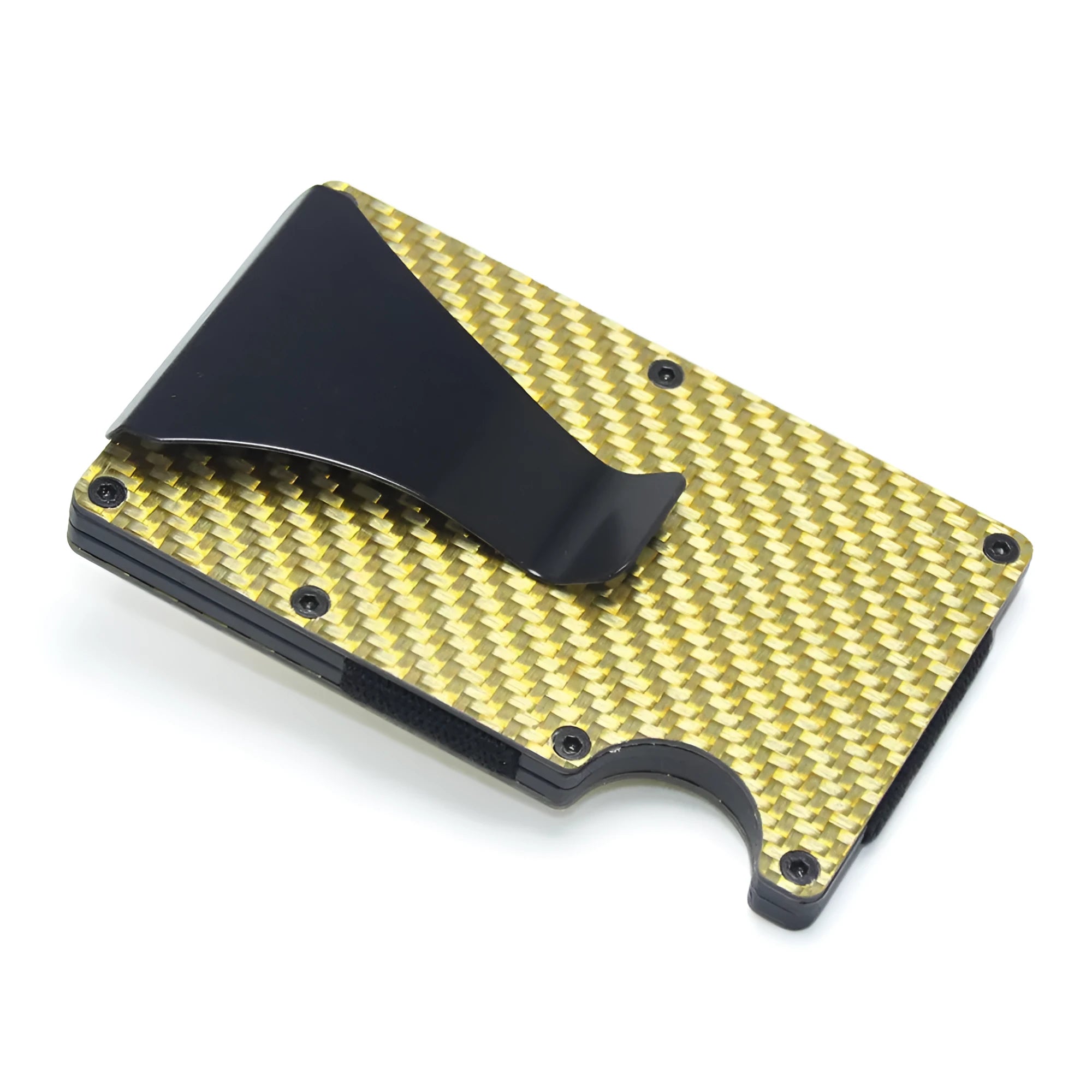 Carbon fibre and aluminium card holder wallet in multiple colours, showing 8 mm thickness.