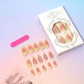 Set of plastic detachable fake nails with pink and white 3D cartoon flower designs, pot of jelly glue, and a nail file.