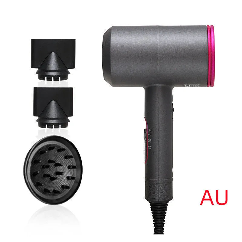 2000W hotel hair dryer with long cable in metallic black, showing UK plug