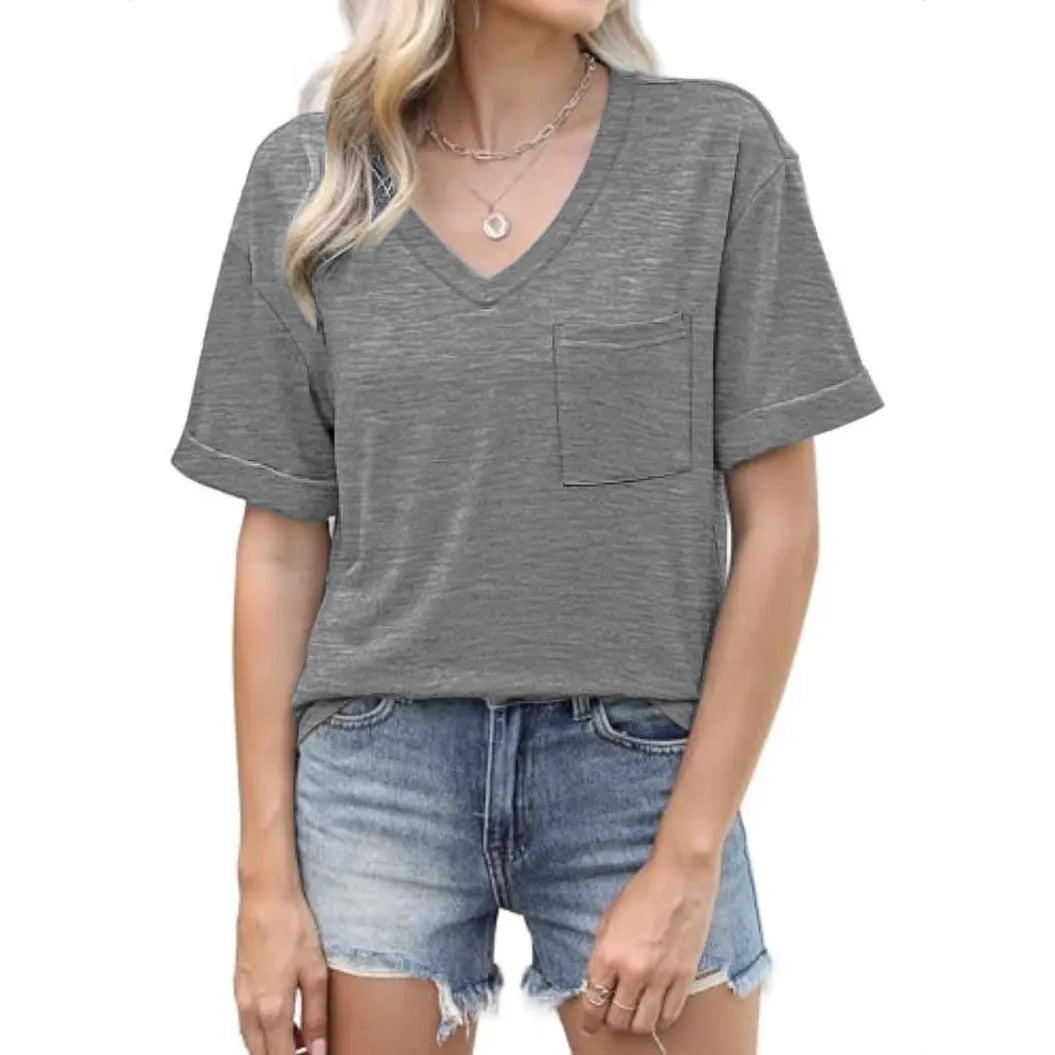 Grey loose fit V-neck T-shirt with chest pocket in casual style