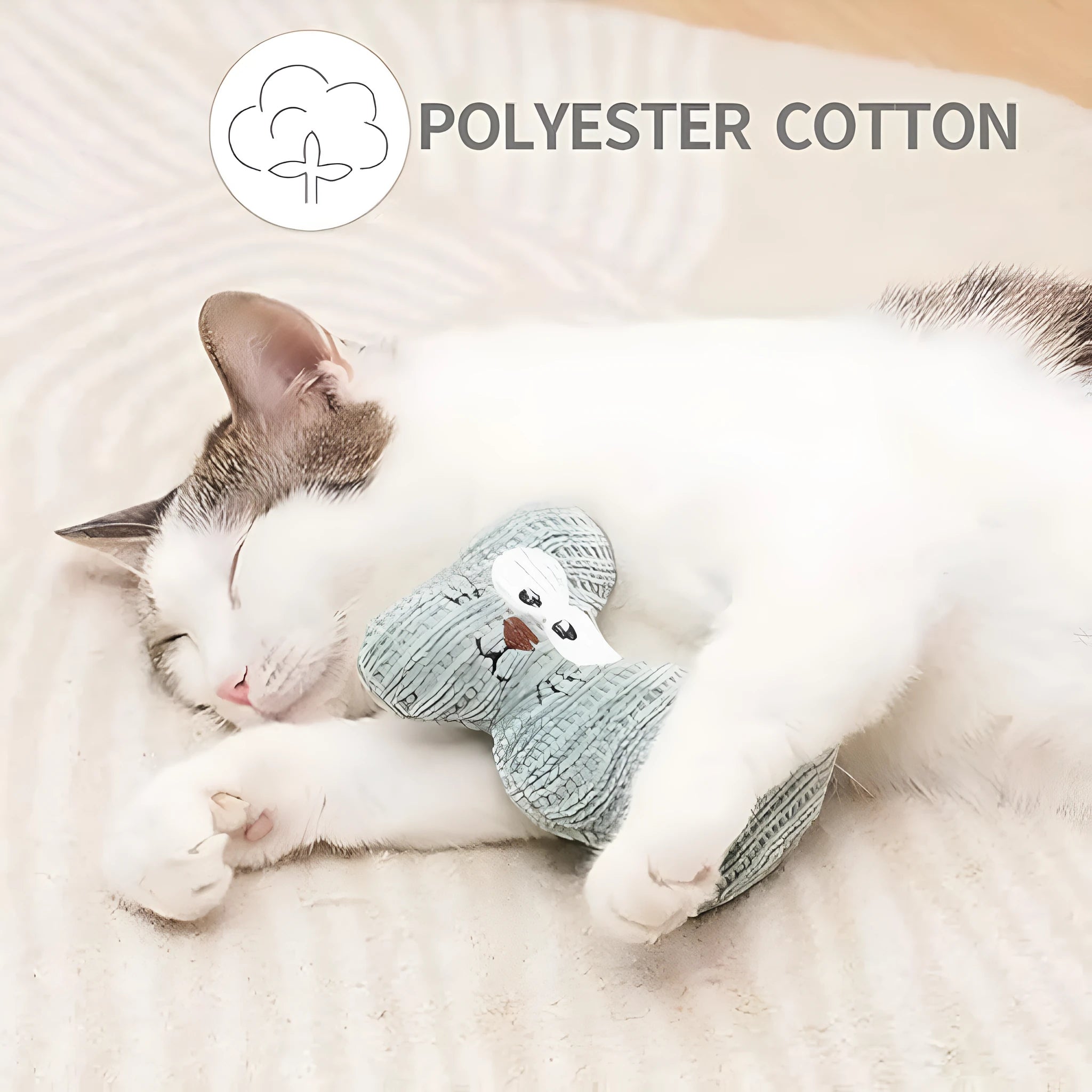 Cyan and light coffee coloured plush catnip toy with a bell, shown next to a measuring tape indicating 12cm length.