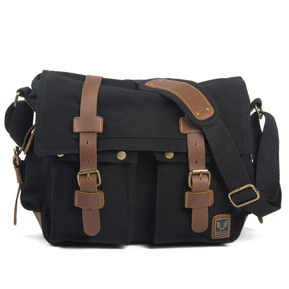 Men's canvas crossbody shoulder bag with cowhide trim in horizontal square shape