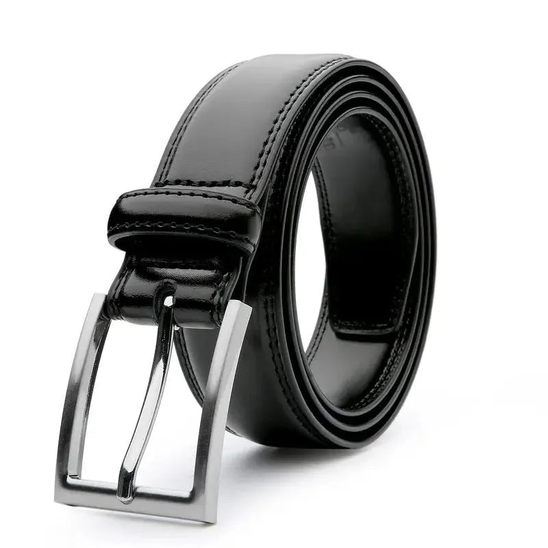 Men's brown genuine leather belt with alloy buckle showing 95 pattern grain, laid flat to display length.