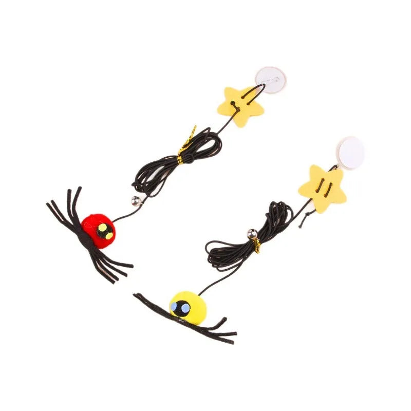 Cat hanging door toy with elastic rope, feather, bell and spider attachment in red colour