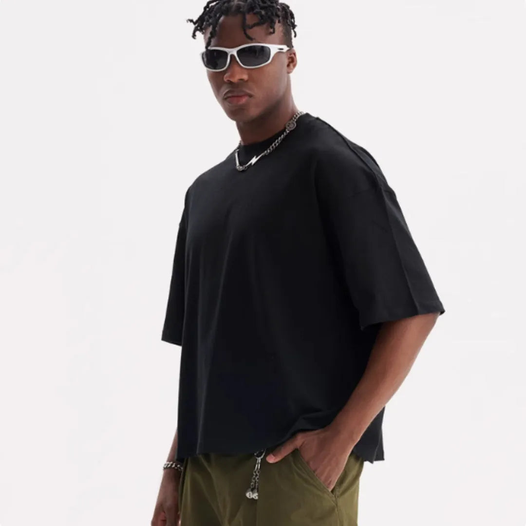 Men's loose fit pure cotton American style T-shirt in apricot colour on a hanger