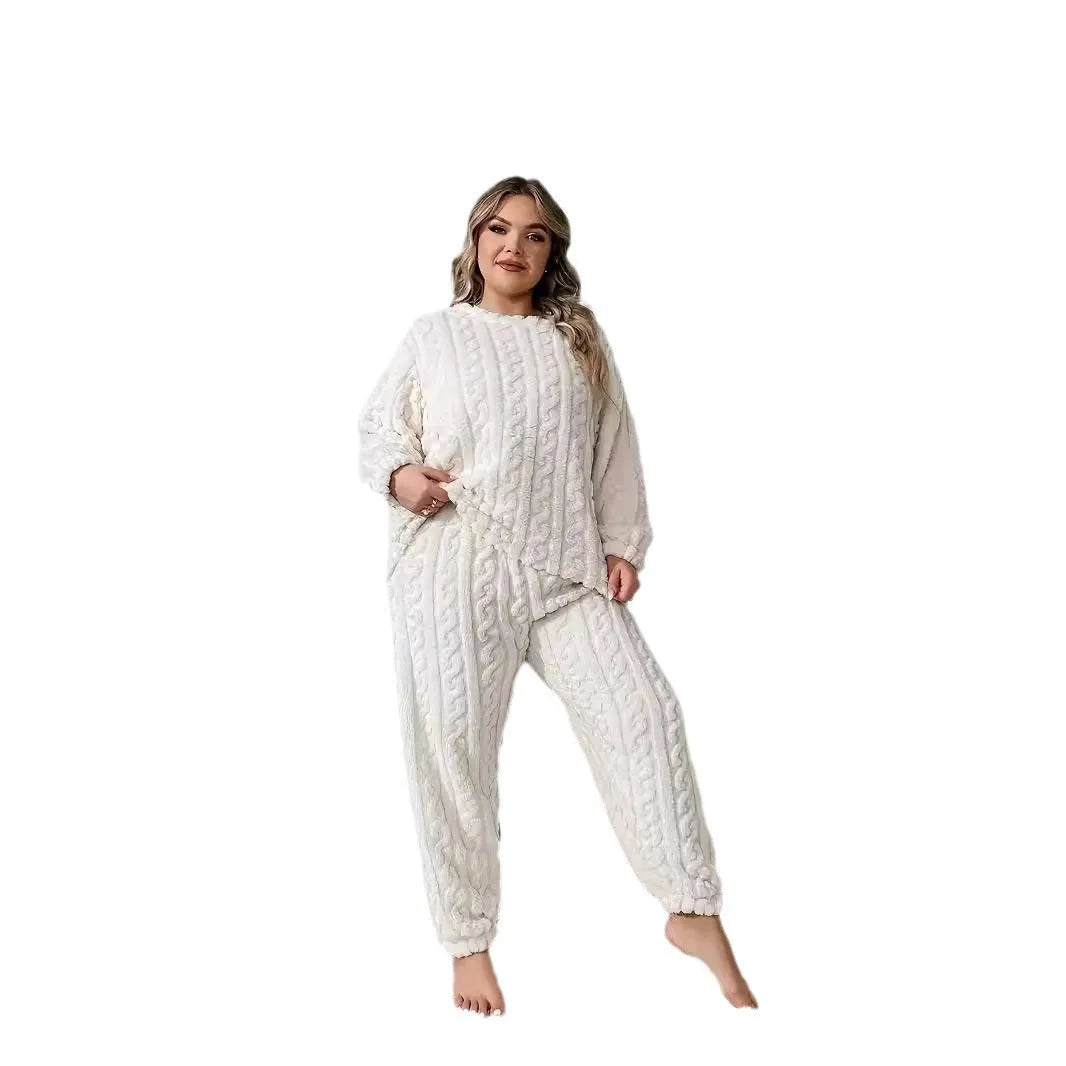 Women's creamy white polyester lounge set with crew neck top and matching trousers