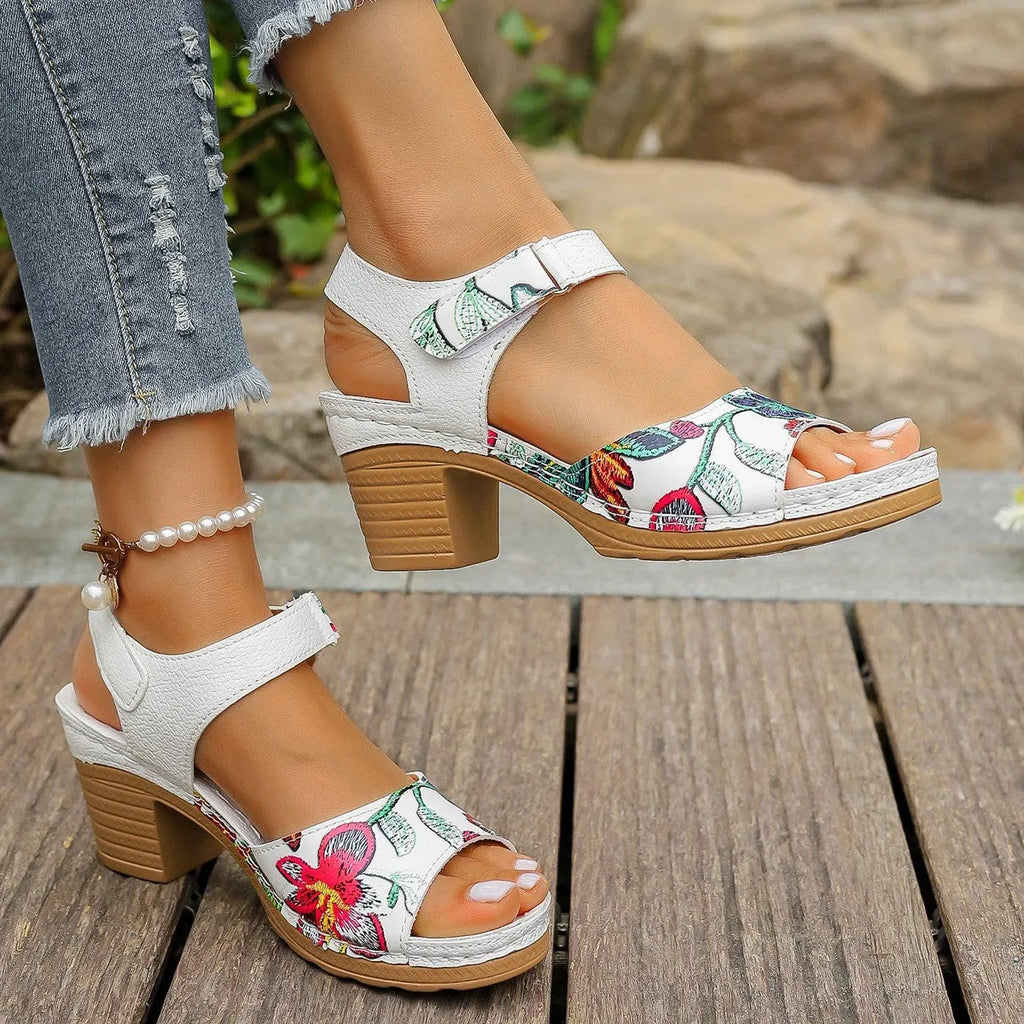 White women's high heel sandals with velcro buckle strap and rubber sole