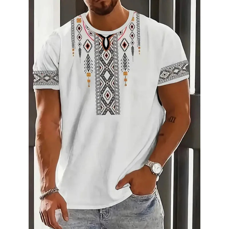 Men's loose fit casual T-shirt with digital 3D printed stripe pattern, short sleeves, polyester fabric