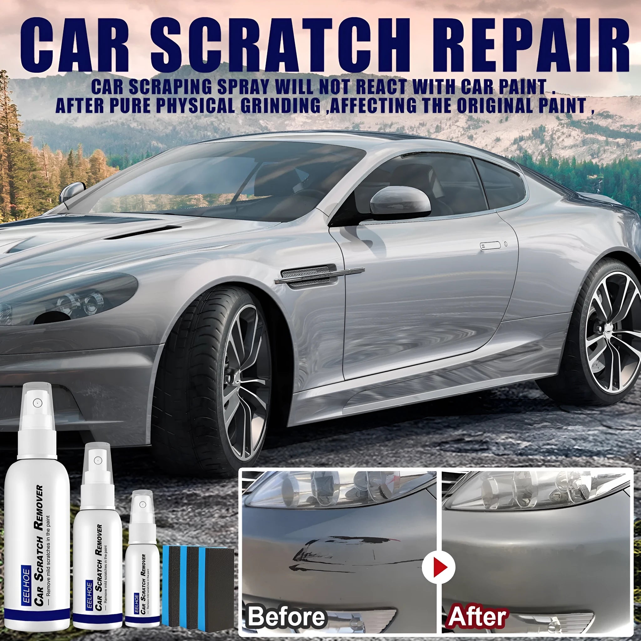 Canister of car scratch repair spray for paint surface renovation and sealing.