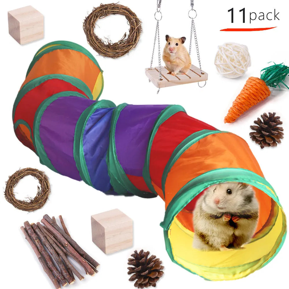 Assortment of wooden pet toys for rabbits guinea pigs and parrots in a set