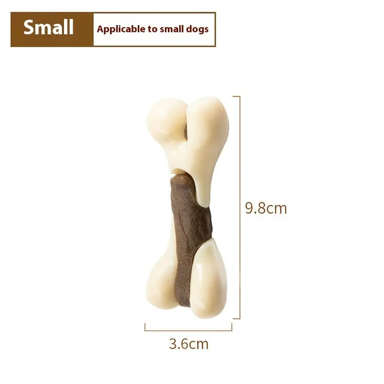 Cowhide and nylon bone grinding rod dog chew toy shown in two colour-coded sizes.